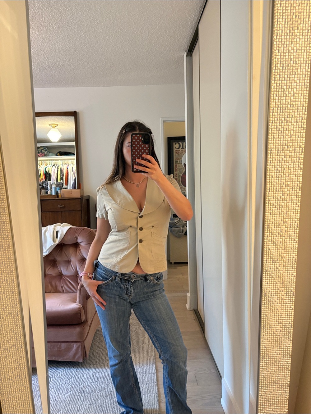 mercer & madison Beige Short-Sleeve Button Front Top